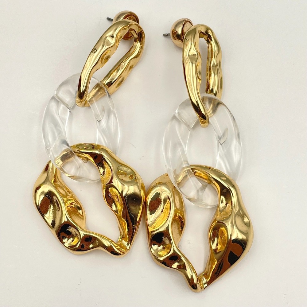 Vintage Gold Tone‎ Clear Lucite Dangle Earrings Chunky Molten Ripple Statement